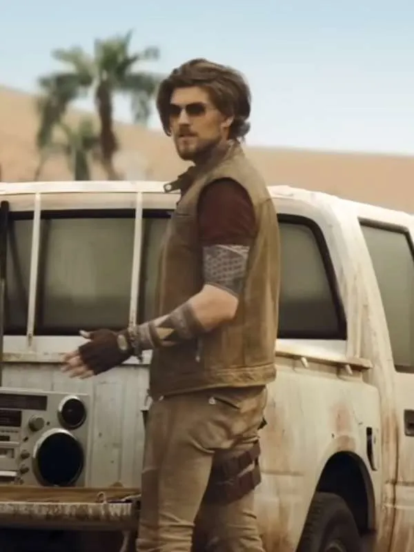 Amadeus Serafini Hidden Strike Brown Leather Vest featuring a rugged design inspired by the film character's outfit