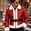 Men's Red Leather Shearling Jacket with White Fur Collar featuring a bold red leather finish and plush white fur collar